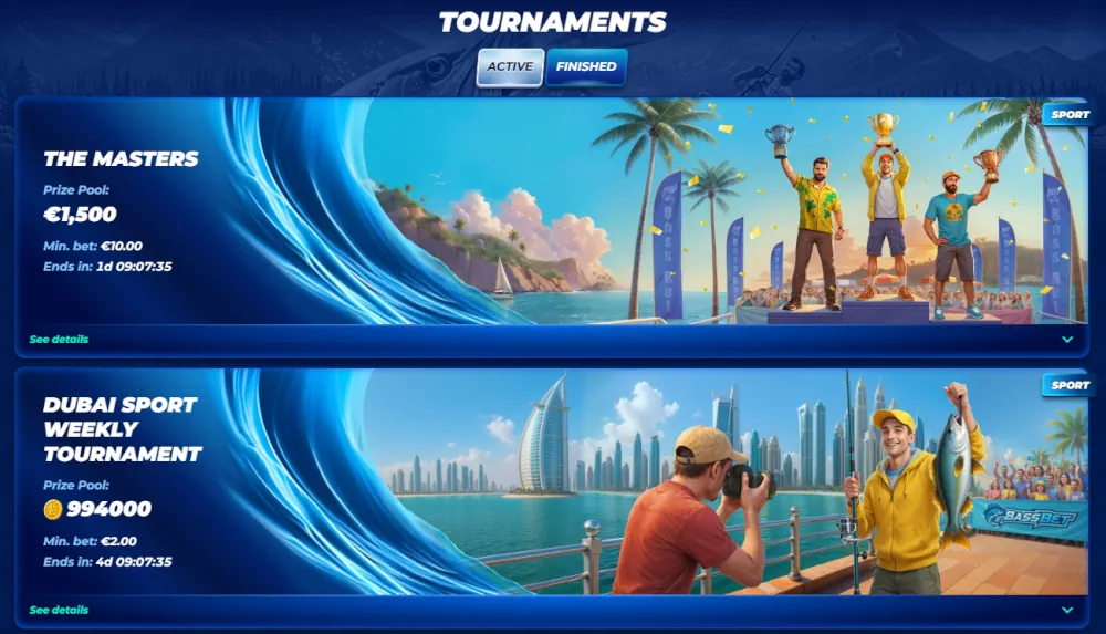 Banners do torneio BassBet para esportes profissionais e competições de jogos.